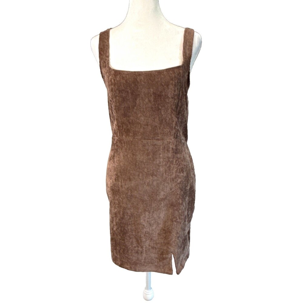 rue 21 Brown Corduroy Bodycon Mini Dress Sz L Square Neck 70s Retro Grunge Indie